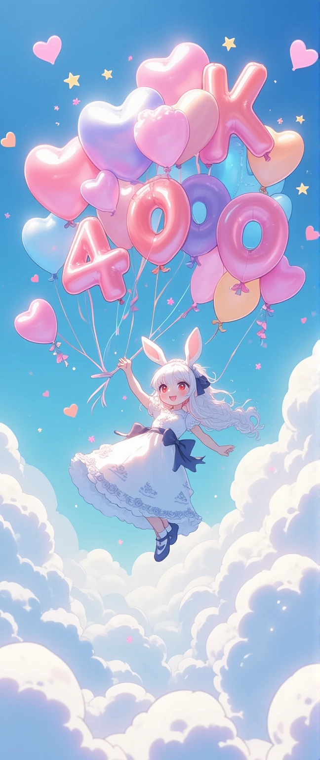 Cute pop balloons shaped "THANK 4000". Pop and vivid and comical and colorful and cute art. Everything floating under zero-gravity weightlessness. gorgeous and colorful heart marks and star marks. rabbit girl\(chibi,cute, kawaii,red eyes,white rabbit ears, wearing pretty white dress embroidered with shiny white silk, luxuriously braided long white hair, big black hair bow, amazed face, smile, cute pose, waving hand, idol\) floating in air. everything floats up to sky. Happy mood, grateful mood. Thanking. beautiful sky. anime style.Perfect hand,Detailed hand,