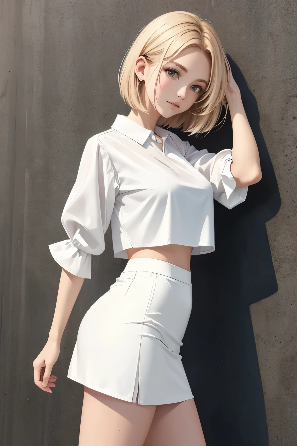 Straight white cropped blouse, straight white mini skirt