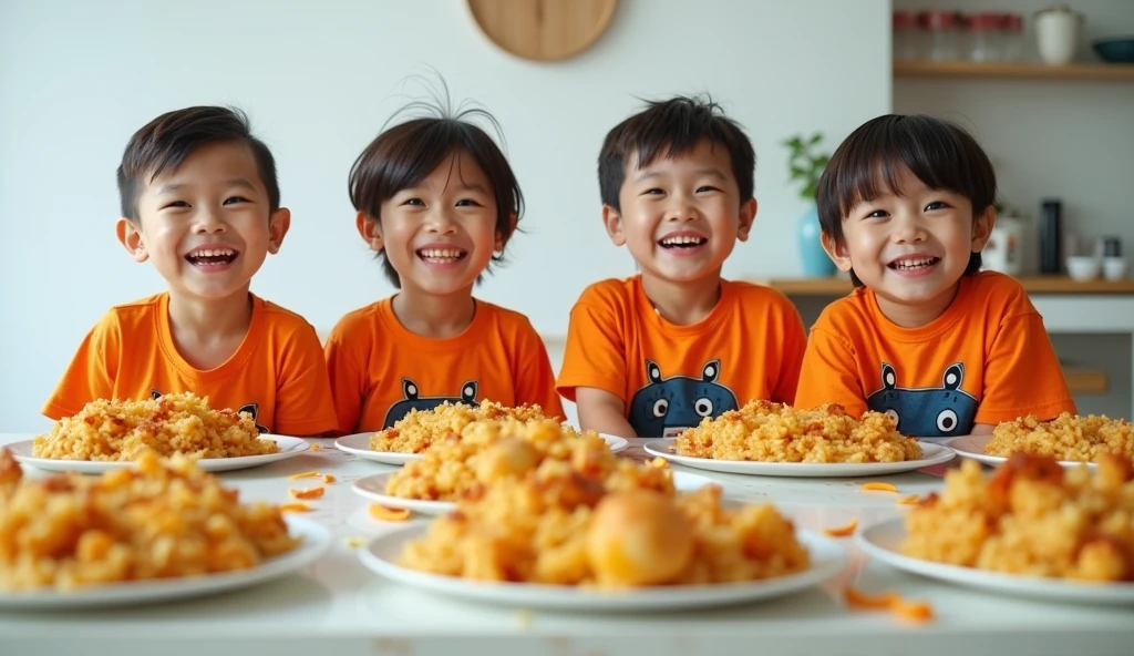 Delicious dinner, cute little boy and girl enjoying the dinner, with sun shines — niji 5
