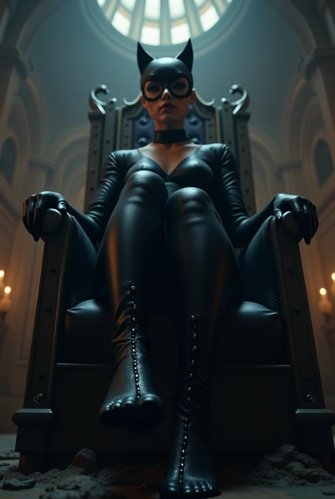 A woman sits in a chair,Catwoman with mask, cat woman,(Best quality at best,4K,8K,A high resolution,tmasterpiece:1.2),Black leather clothes,high-heels,ultra - detailed,(actual,realistically,realistically:1.37),cat woman, style artgerm,(realistically:1.2),(EndlessReality),(tmasterpiece:1.2),(Best quality),(hyper-detailing),(8K,4K,复杂)