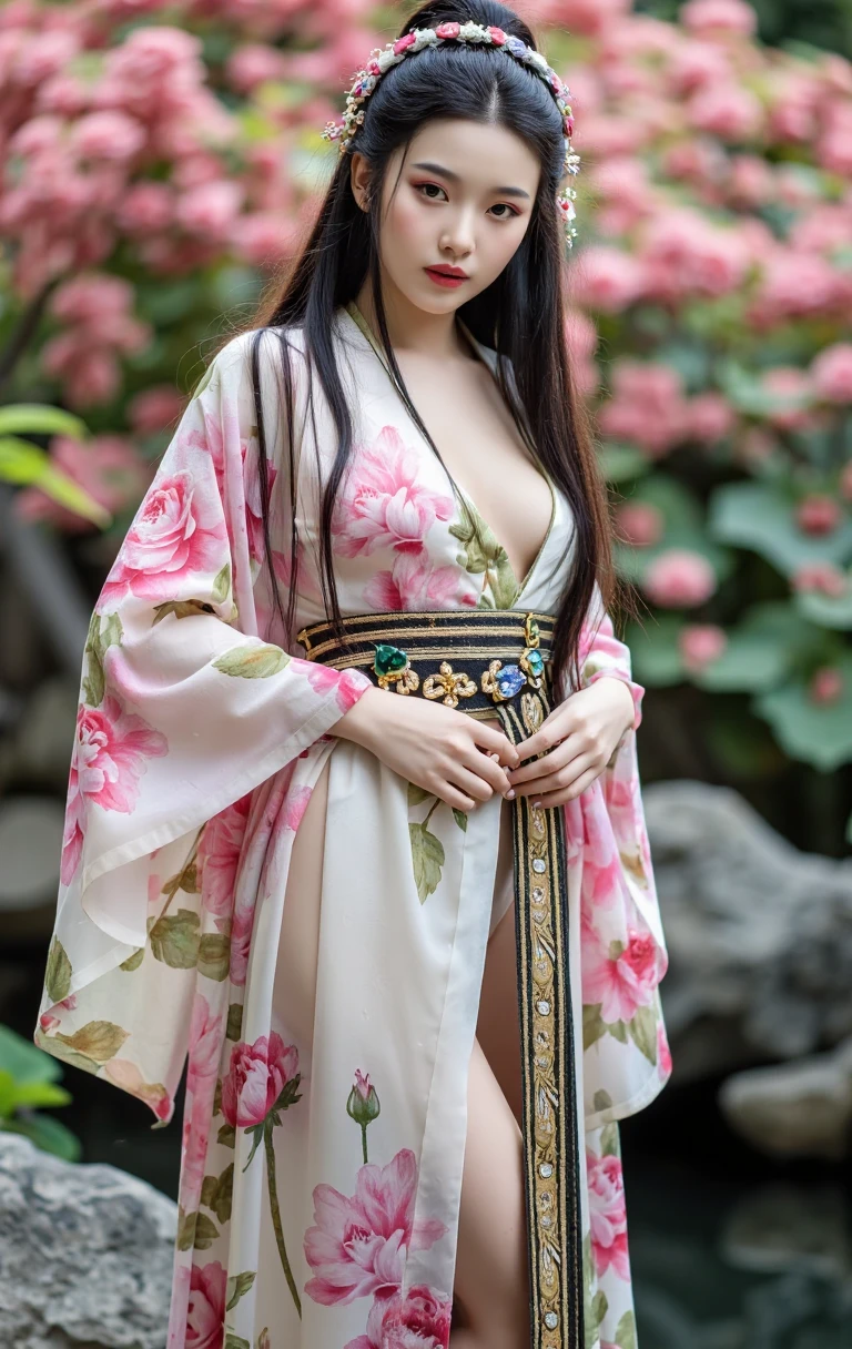 Best Quality, Masterpiece, High Resolution,detailed face,full body, 1girl,sexy, sexy kimono Costume, , Real People, (High Detail Skin: 1.4), SLR, Soft Light, High Quality, High Resolution, Background fantasy world, dynamic pose , flirty pose, smile , charming face , long hair , cherry bloosom