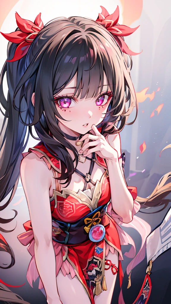 1 girl, beautiful detailed eyes, beautiful detailed lips, extremely detailed eyes and face, long eyelashes, highly detailed, photorealistic, portrait, game cg, masterpiece, best quality, extremely detailed, official art, one-egg man, sleeveless, small chest, cleavage, thigh focus, glowing skin, chiaroscuro lighting