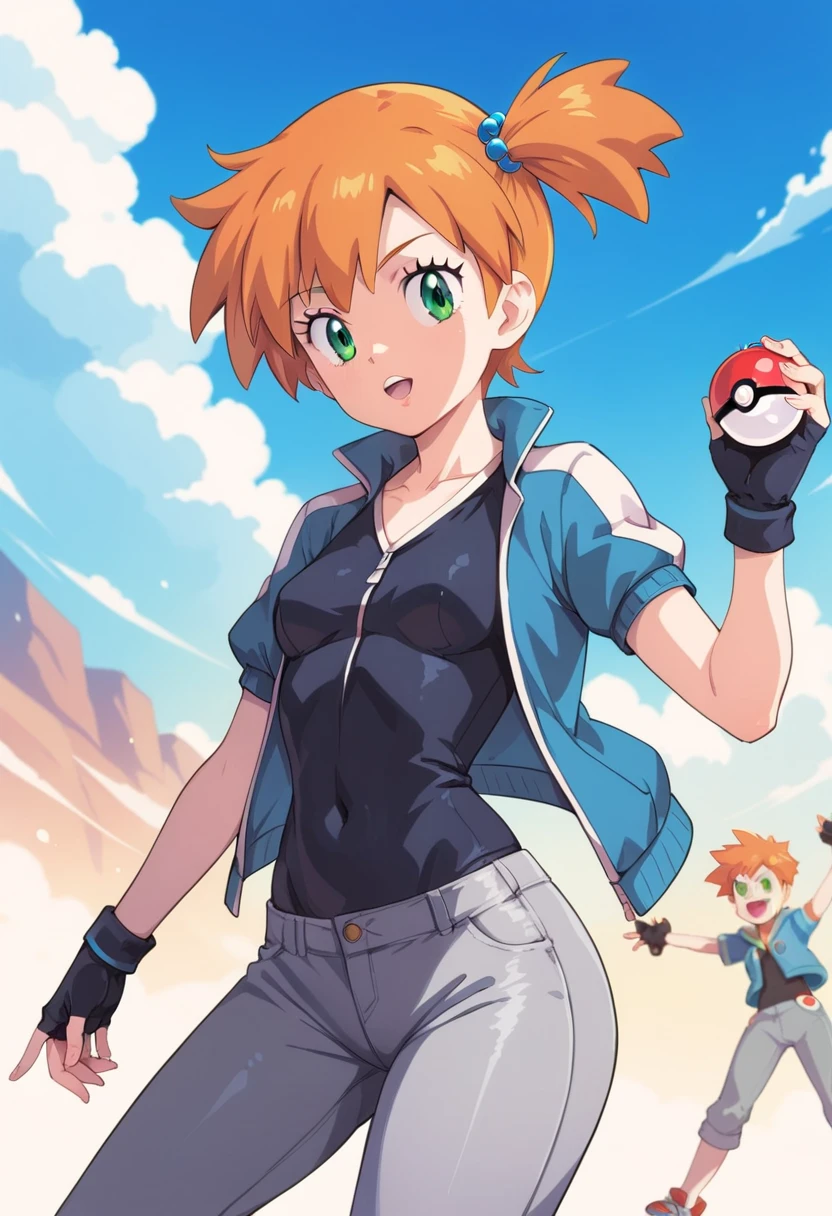 Character Misty_pokemon , Berry Short,Orange Hair, one side up hair ,Big green eyes,Small breasts ,Skinny .pokemon. blue jacket, track jacket, popped collar, black shirt, short sleeves, grey pants, jeans, denim, black gloves, fingerless gloves, PokeBall ,different expression, satoshi's outfit 