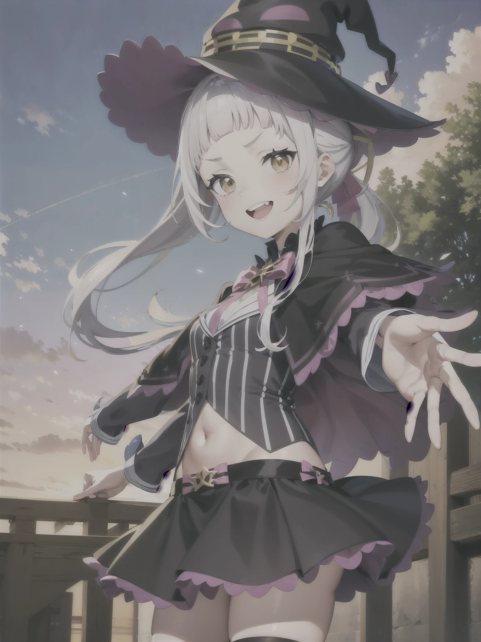 Masterpiece , best quality, high definition , fashion, 1 girl, long hair, (Hair in a ponytail:1.1), Short eyebrows, small breasts, headband , Witch Hat , pink bow tie, black capelet , Pinstripe shirt, Long Sleeve , abdomen, , black skirt , Mini Skirt, Striped knee-highs, makes you look younger, cowboy shooting, standing, Outdoor, smile, Upper teeth,