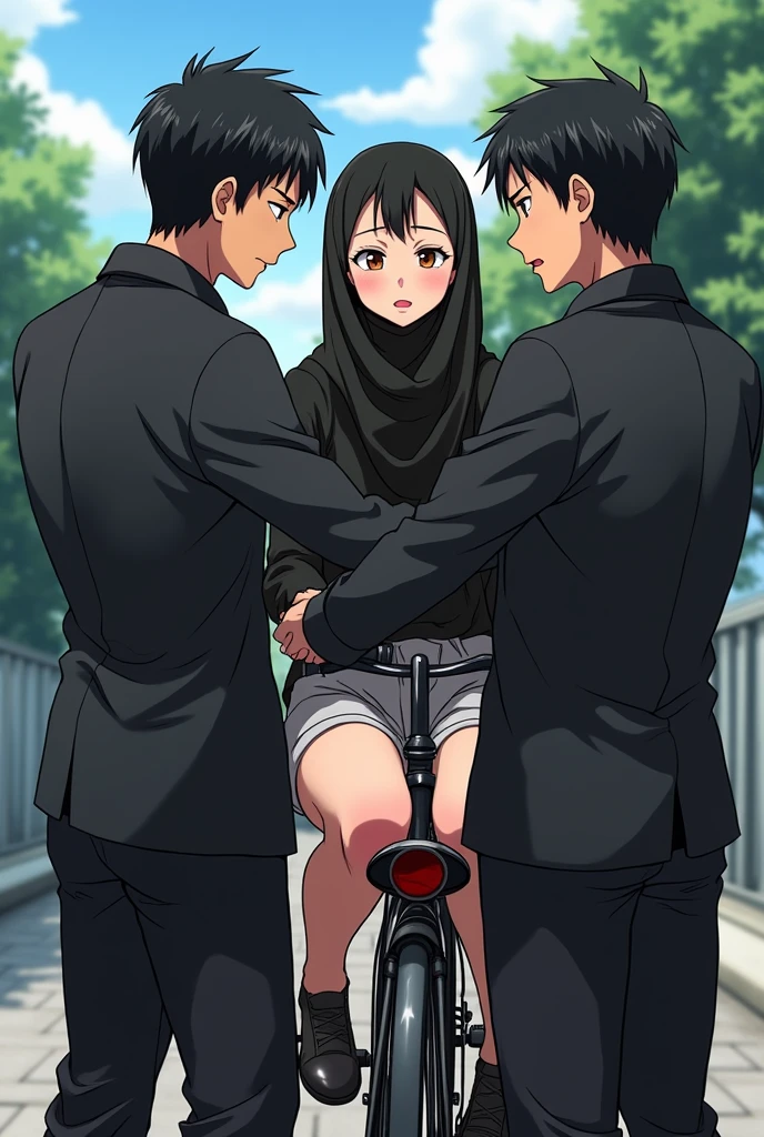 Nude 2 teenage cute ustazah malay woman with long pink hijab,wearing sport shirt,wearing tracksuit,medium size breasts,medium size butt,arousal expression,sweaty,shy,grinning,park background,showing butt,hands on butt,exposed butthole,three man licking her anus, vaginal sex,a man fucking her vagina,standing from behind,bending over,view angle from side,filled with drip