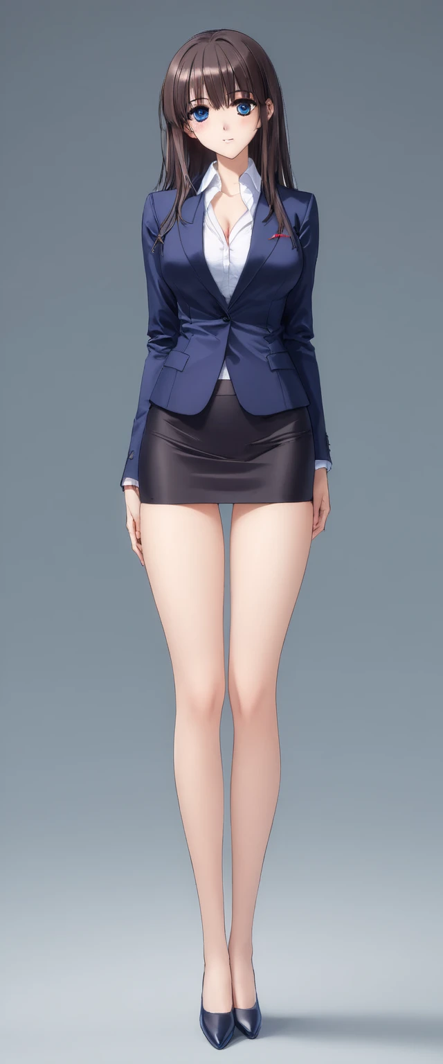 Megumi Kato,  1 girl, Alone, bangs,  brown hair, (((Female lawyer, ( formal suit micro mini skirt,   Micro Mini Pencil Skirt),  white shirt,   Navy Blue Jacket,Big Breasts、 cleavage、Thin legs、The white panties are visible from the hem of the skirt,The white panties are visible from the hem of the skirt))), perfect body for a lawn,  Anime Virtual YouTuber Full Body Model , Full body of a single character,  standing in a splendid posture , short!,  full body shot超詳細、 skinny, Alone, 1 female,   Masterpiece ,   best quality ,   best quality , 16k,  unbelievably ridiculous,  high definition, 2.5D, AI-generated, Delicate and dynamic,  Very delicate facial expression, Delicate eye depiction,  Erotic , only  sexy woman, ((A cute and kind face)), Healthy body shape, ((25-year-old woman)), Height: 170cm,  Moderately Firm Swaying Bust , sexy, (( Thin Thighs )),,  shiny,  Facing Viewers , smile, ((Oily_skin)), (((( full body shot、)))), (( Erotic  pose)),  fashion model posing with faded gray hair,   fashion model style DJ, (( beautiful eyes))、micro mini length pencilskirt