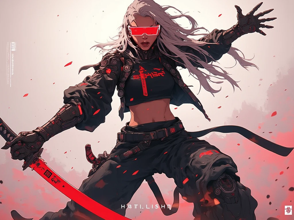 a woman with long hair and wearing digital red glasses and black croped top kimono with cyberweres and armors, she fights in 3D motion perspective view, she is in rage and anger and shouts, she is in a spatial depth of field fighting stance holding a red cyber katana in her hand, the camera angle is slightly from bellow, 