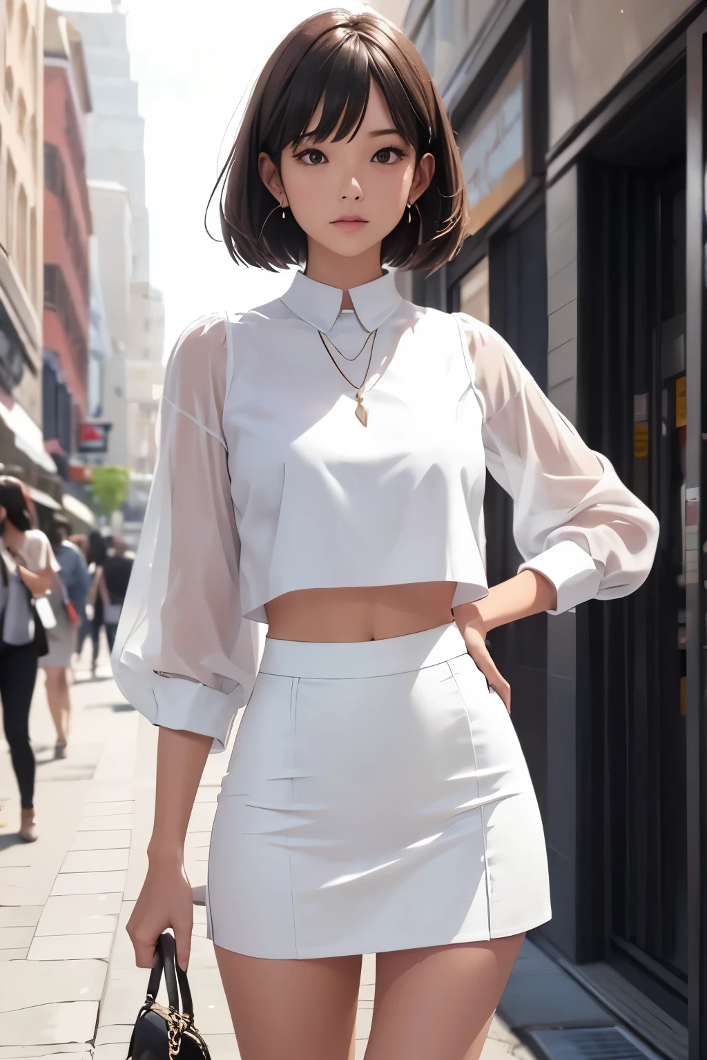 Straight white cropped blouse, straight white mini skirt