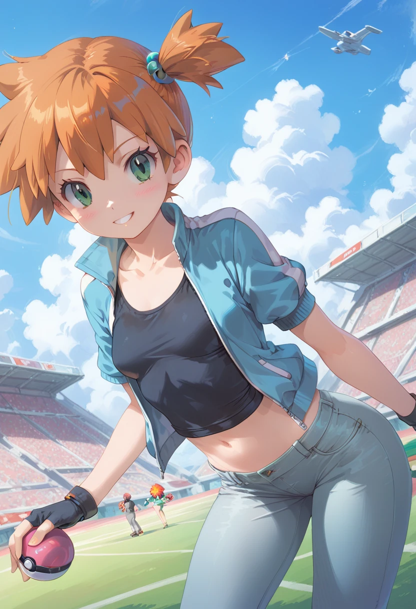 Character Misty_pokemon , Berry Short,Orange Hair, one side up hair ,Big green eyes,Small breasts ,Skinny .pokemon. blue jacket, track jacket, popped collar, black shirt, short sleeves, grey pants, jeans, denim, black gloves, fingerless gloves, PokeBall ,different expression, satoshi's outfit 