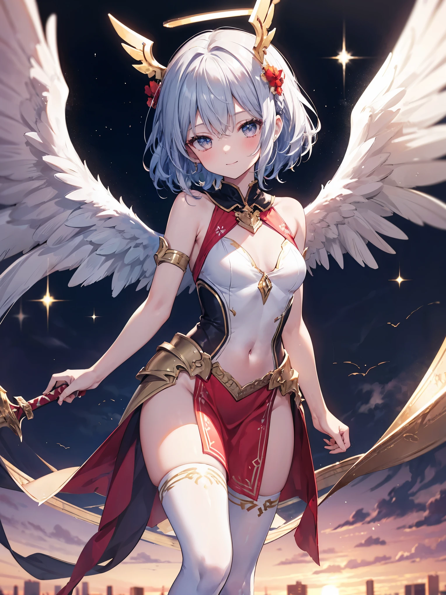 ((16k,Super fine、The highest masterpiece,best quality)), maxiskit, Mysterious outfit 1 girl, solo, whole body, wide shoot, graceful posture, Raise your sword, gray hair, long hair, valkyrie, White and Red theme, The angel is, white bra, side bun, from the front, extra size body, night time, Mountain, view viewer