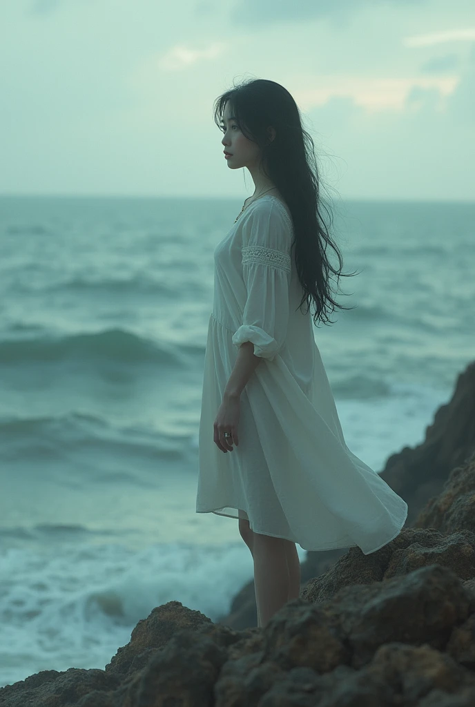 Photography (85mm): Capture the essence of a fantasy novel cover in a photograph, featuring a girl with magical prowess by the sea. Employ an 85mm lens to focus on the protagonist against a backdrop of a mystical seascape. The color temperature leans towards cool tones, enhancing the magical ambiance. The girl's expression exudes a sense of power and wonder, as the sea sparkles with ethereal lights, setting the stage for an epic tale.