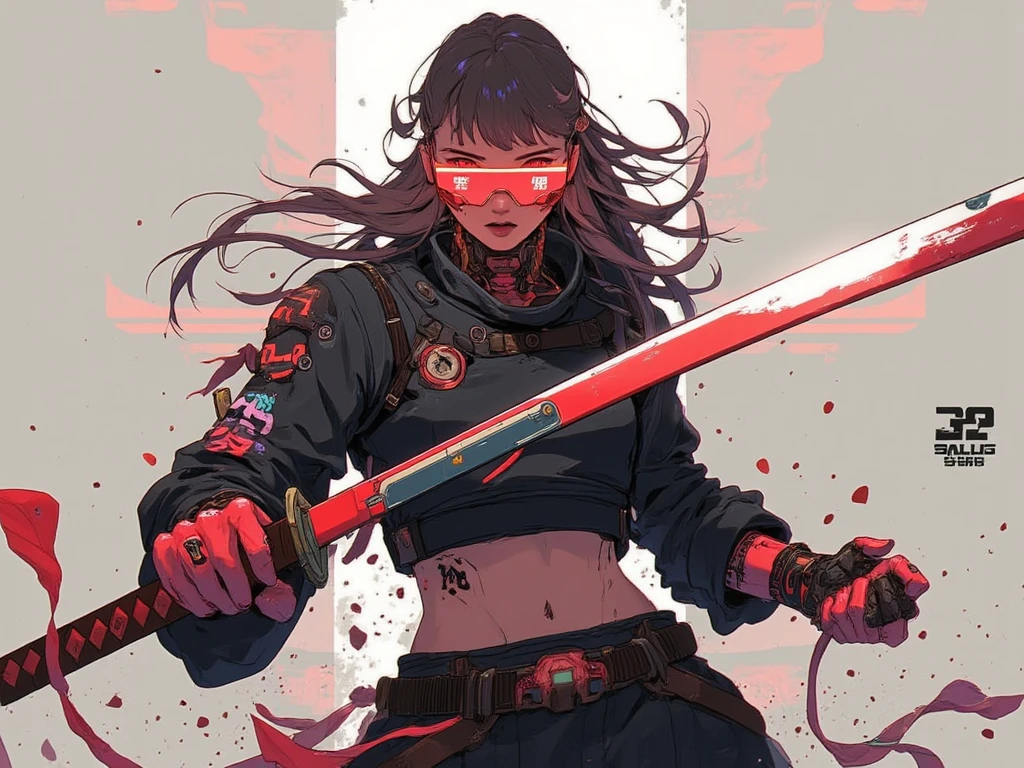 a woman with long hair and wearing digital red glasses and black croped top kimono with cyberweres and armors, she fights in 3D motion perspective view, she is in rage and anger and shouts, she is in a spatial depth of field fighting stance holding a red cyber katana in her hand, the camera angle is slightly from bellow, 