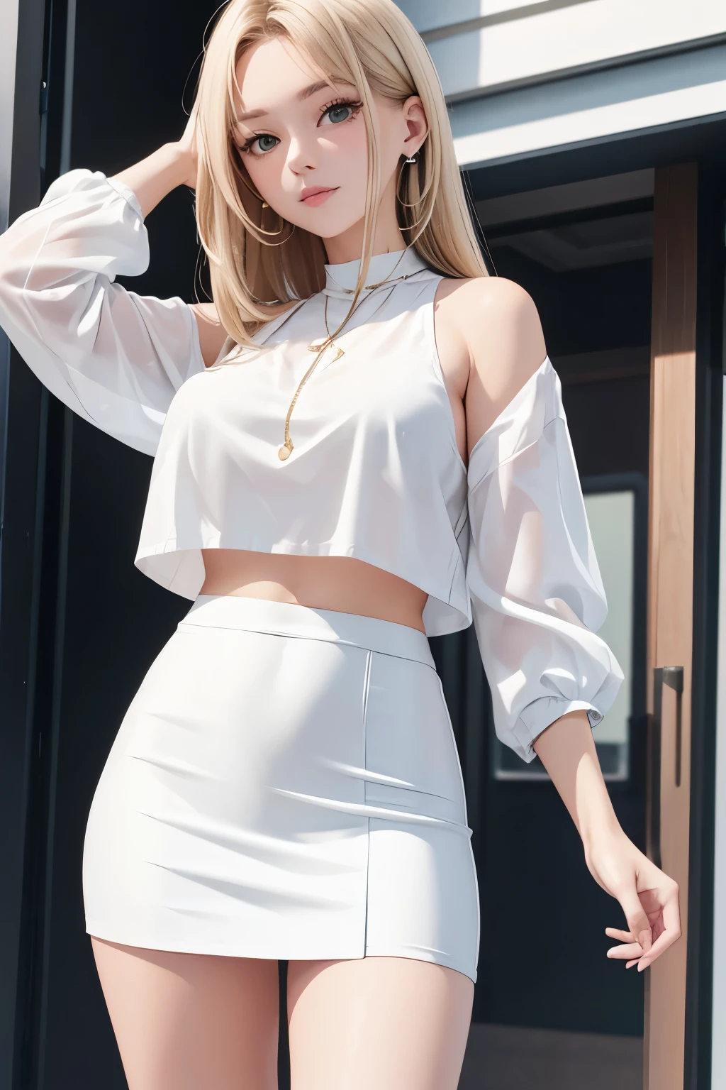 Straight cropped white blouse, medium breasts, straight white mini skirt