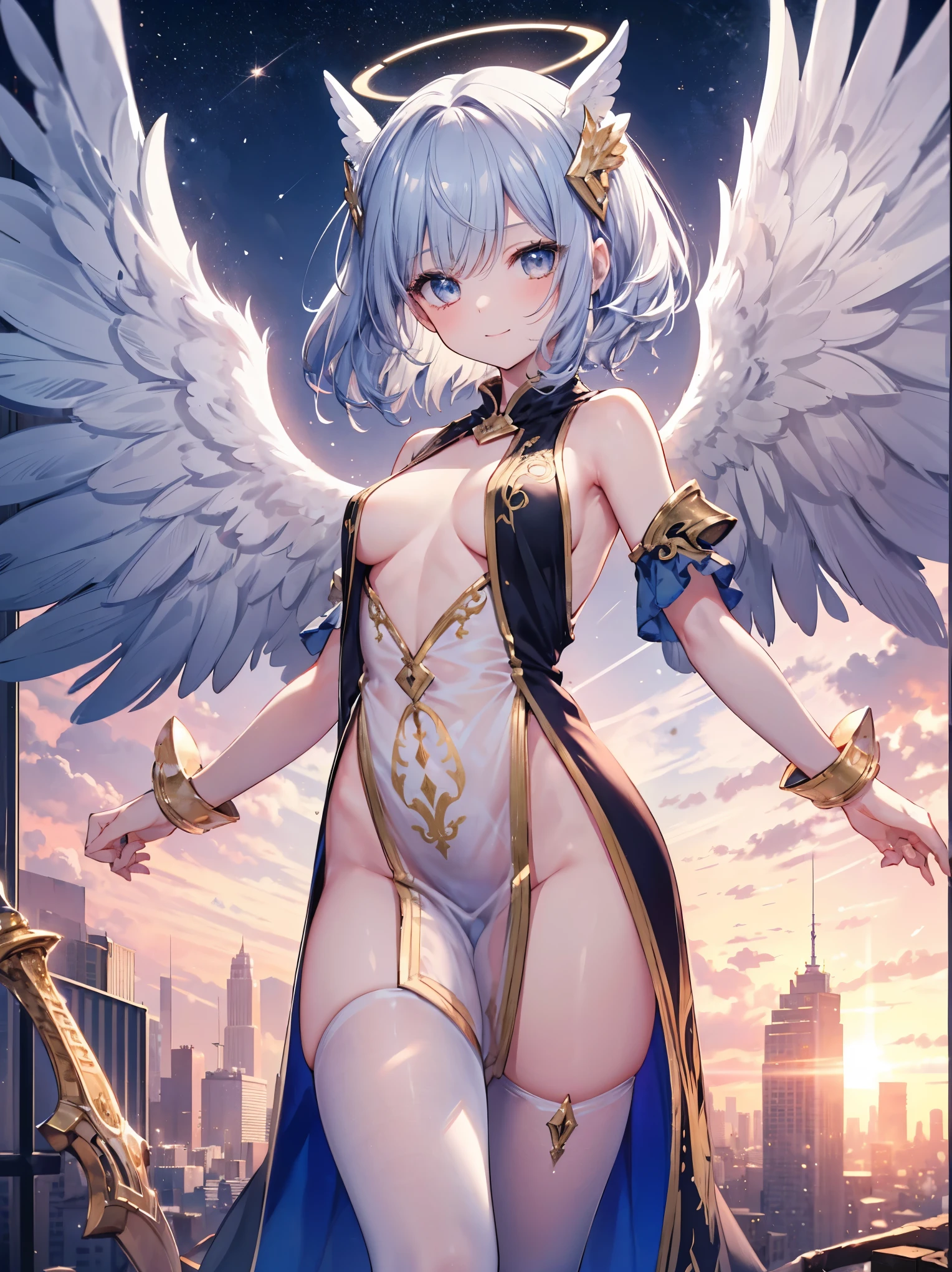 masterpiece, best quality, integrated scenery, integrated background, extremely delicate and beautiful, meticulous details, good composition, cute face, perfect face, perfect hands,  fantasy, 1angel_girl, low_teen,blue_hair,long_bangs, (light_skin),bare_shoulder,bare_side_chest, bare_flank, thighhighs,silver_shiny_armor, (naked_tabard:1.3),waist_armor, Glebe, grab_swords, medium_breasts, dynamic_flying_pose,Floating, (1pair_white_wings:1.2),(pelvic_curtain:1.3), silver_Headgear ,looking_down_at_sunset_city_sky_background,,slightly_spread_legs, 1swords,solo,glare_halo,smile,open_legs,open_arms,rise_knee,rise_leg,rise_thigh,rise_leg,forward_leaning_posture,apart_legs, glitter_gold_eyes, fine_gold_embroidery