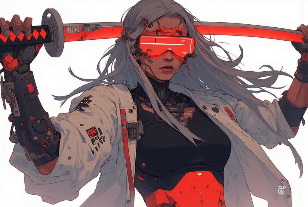 a woman with long hair and wearing digital red glasses and black croped top kimono with cyberweres and armors, she fights in 3D motion perspective view, she is in rage and anger and shouts, she is in a spatial depth of field fighting stance holding a red cyber katana in her hand, the camera angle is slightly from bellow, 