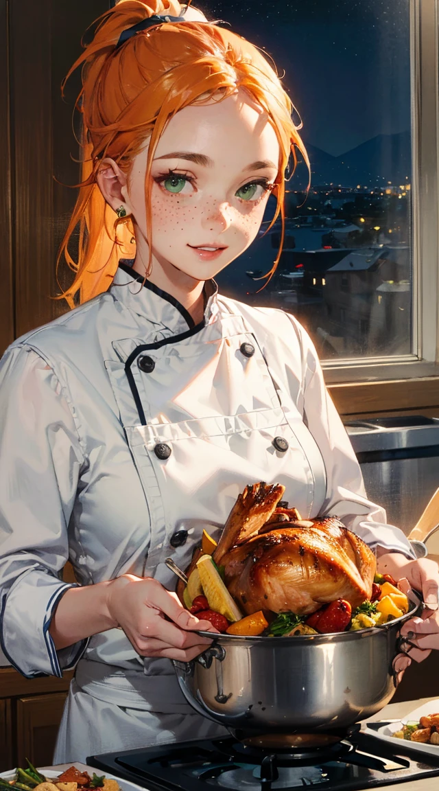 (Masterpiece), (best quality), (expressive eyes), (perfect face), (8k), (extreme detail), (illustration), (absurdres), (highres), (ultra detailed), orange hair, green eyes, long hair, ponytail, ((freckles)), (forehead), (she is a chef), chef outfit, ((((night)))), indoors, kitchen, parted lips, smile, ((Thanksgiving dinner)), (((cooking a turkey)))