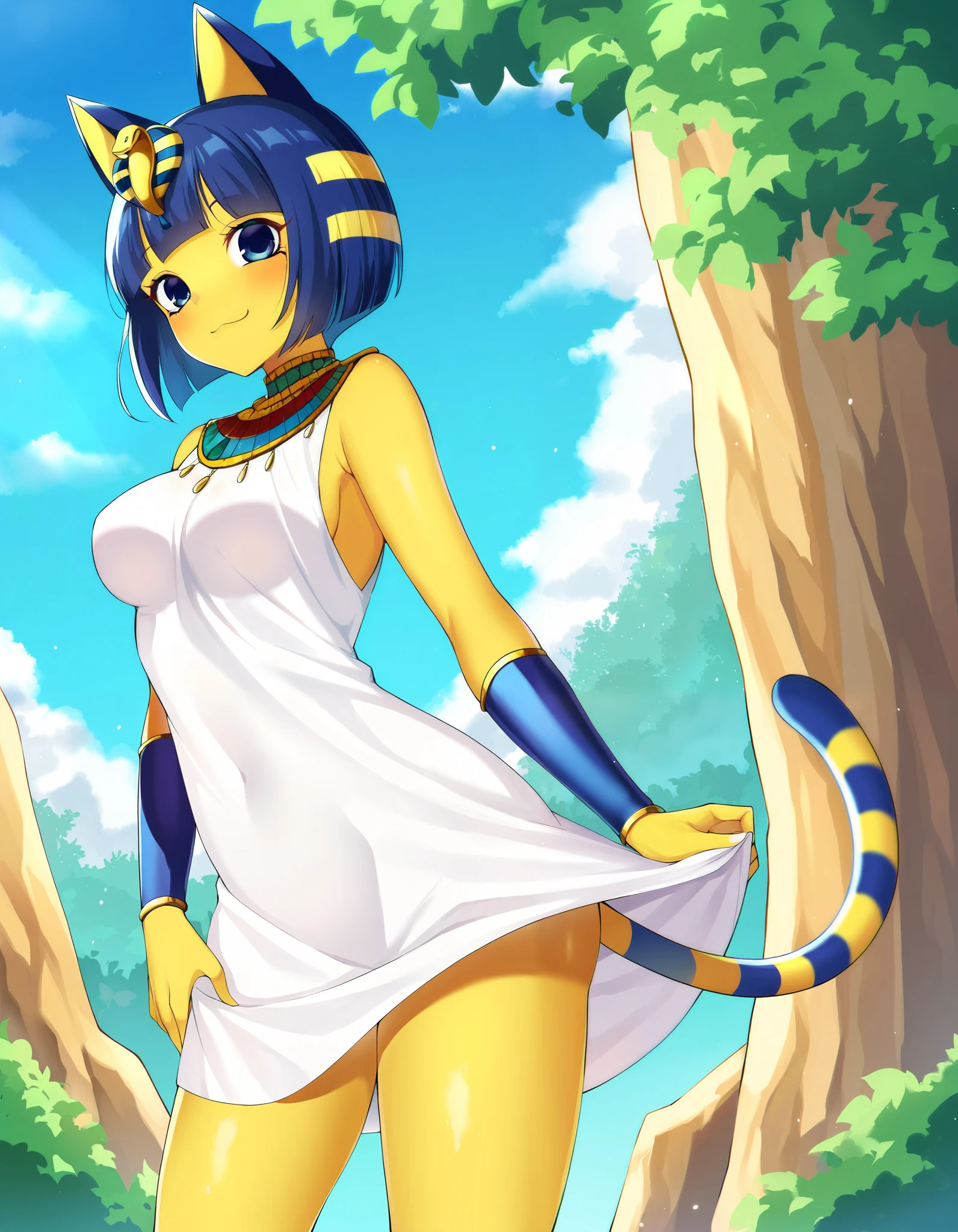 score_9, score_8_up, score_7_up, source_anime, rating_safe, best quality, masterpiece,  
BREAK
ankha (animal crossing), 1girl, ;3, animal ears, standing, looking at viewer, blue eyes, blue hair, cat ears, cat tail, closed mouth, colored skin, female focus, looking at viewer, outdoors, short hair, medium breasts, smile, solo, standing, tail, thighs, yellow skin, white dress, female focus, outdoors
