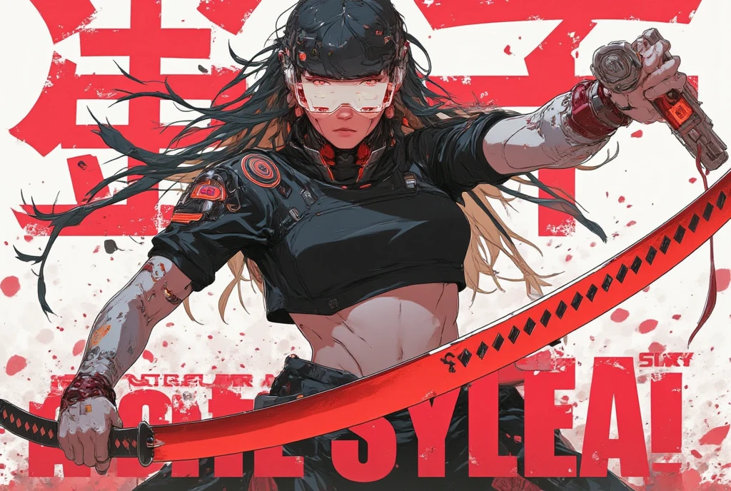 a woman with long hair and wearing digital red glasses and black croped top kimono with cyberweres and armors, she fights in 3D motion perspective view, she is in rage and anger and shouts, she is in a spatial depth of field fighting stance holding a red cyber katana and cyber pistol in her hands, the camera angle is slightly from bellow, 