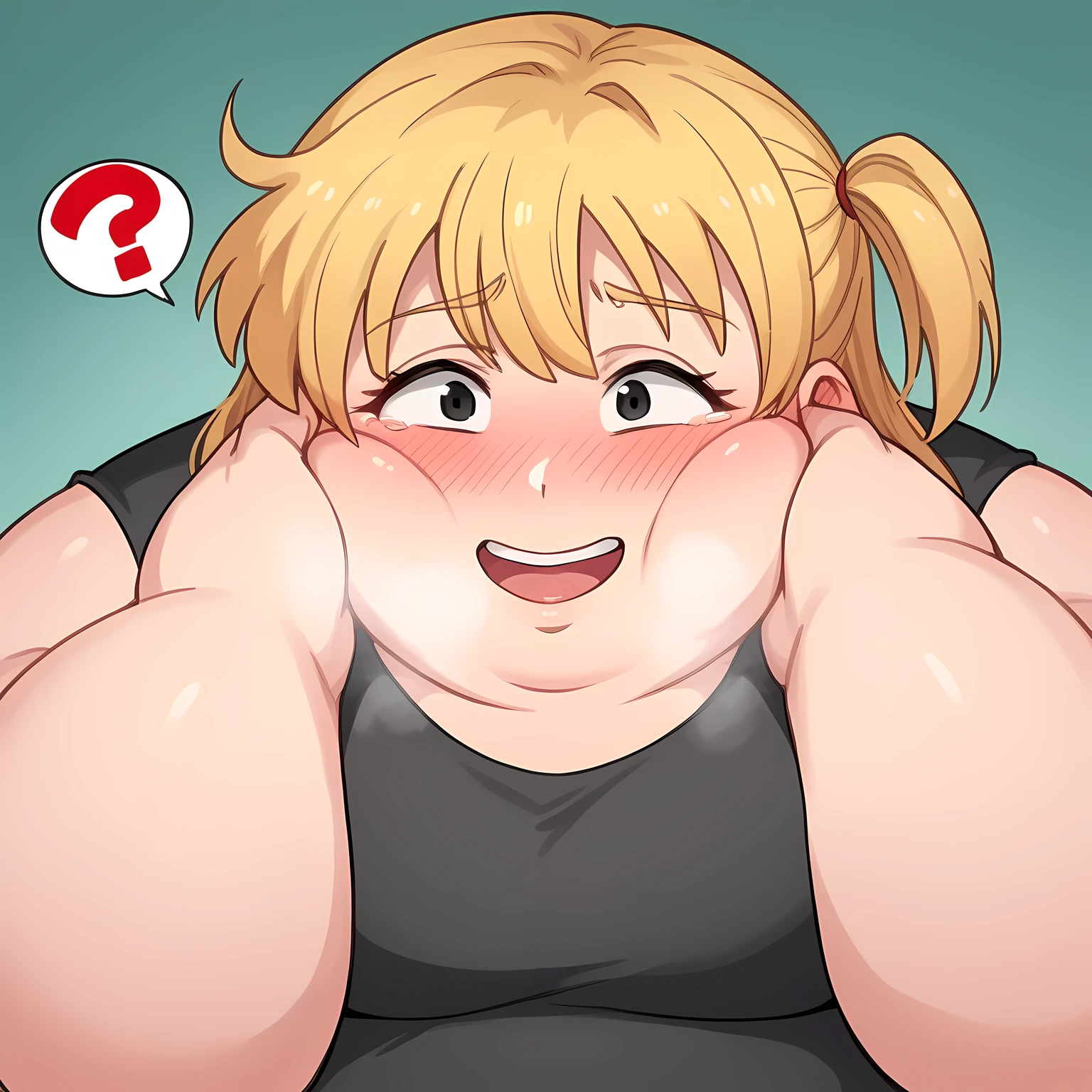 zPDXL, score_9, score_8_up, score_7_up, source_anime, BREAK
1girl, solo, 4kira, launch, blond hair, black eyes, blush, light smile, one side up, swollen face, fat, chubby, obese, open mouth, out of breath, absurdres, highres icon, rating:General, confused, blush, spoken question mark, {flustered}, nervous sweating, portrait, pov hands, hand on another's cheek, averting eyes, [looking away], straight-on, from above,  upper body, masterpiece, best quality, ultra-detailed, high resolution, 8K, absurdres, highres icon,