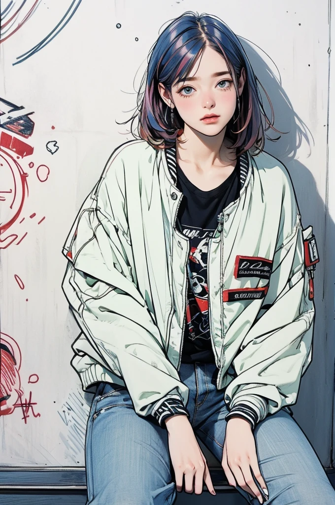 "masterpiece", "highest quality", "8k", "realistic", "one girl", sitting,  "solitude", "detailed face", "head shot", "contrapposto pose", "leaning against graffiti-covered concrete wall", "vivid graffiti art", "medium-length multi-colored hair", "soft breeze", "oversized bomber jacket", "graphic T-shirt", "wide denim pants", "perfect anatomy", "strong shadows", "dramatic lighting", "urban decay", "artistic contrast", "watercolor effect", "lineart details", "rough sketch texture", "intricate textures", "emotive atmosphere"