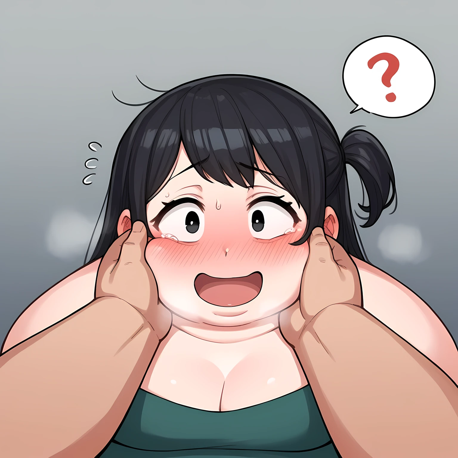 zPDXL, score_9, score_8_up, score_7_up, source_anime, BREAK
1girl, solo, videl, ,black hair, black eyes, blush, light smile, one side up, swollen face, fat, chubby, obese, open mouth, out of breath, absurdres, highres icon, rating:General, confused, blush, spoken question mark, {flustered}, nervous sweating, portrait, pov hands, hand on another's cheek, averting eyes, [looking away], straight-on, from above,  upper body, masterpiece, best quality, ultra-detailed, high resolution, 8K, absurdres, highres icon,