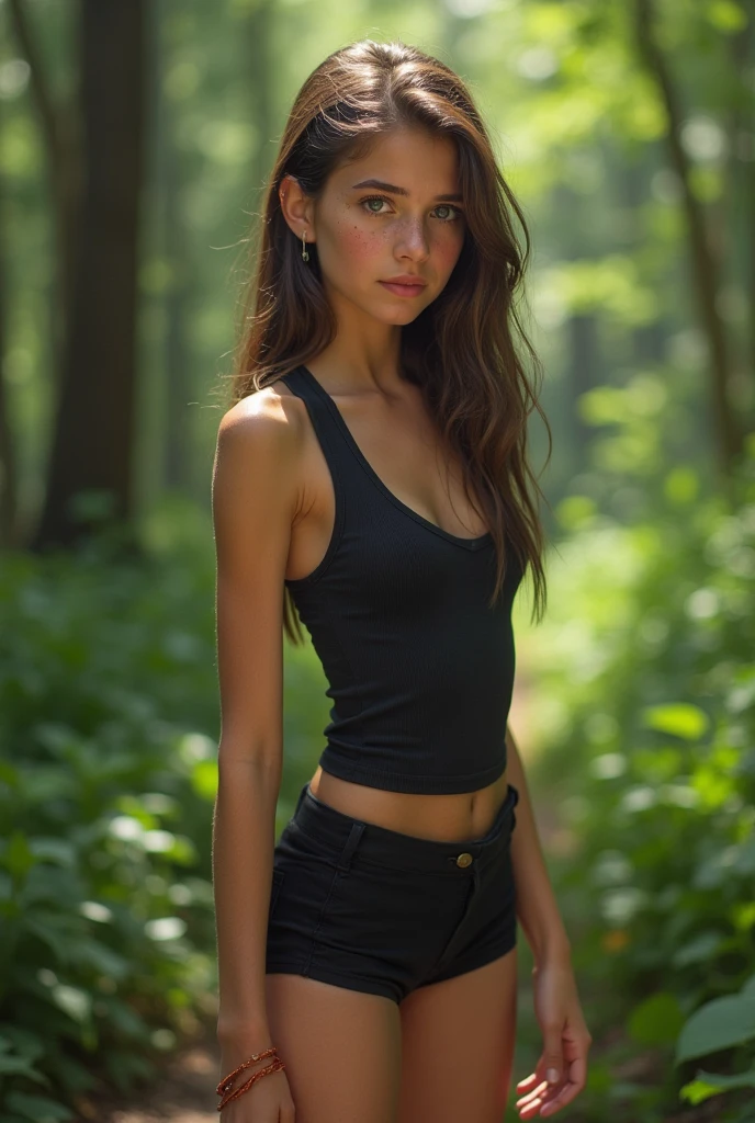 1 girl, teen, less than 18 years, youthful, skinny, tall, brunette, long straight hair, vivid blue eyes, small breasts, small waist, small ass, with freckles, with blue colored dental braces, young looking, cute face, hot body, most beautiful girl ever, full body wide picture, looking deeply at the viewer with a look of innocence yet seductive expression, photo taken on a forest, dressed with Black small shorts revealing most of her legs and almost a bit of her lower ass cheeks, dressed with a small Black tank top revealing almost all her belly, with a cleavage highlighting the small but attractive breasts, overall clothing highlights even further her attractiveness.