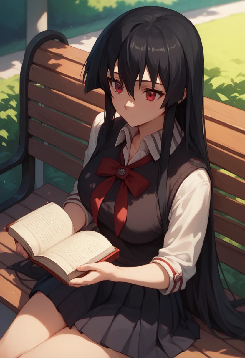 1girl, solo, Japanese school uniform with pleated skirt, akame, long hair, black hair, red eyes, sitting on a park bench, holding a book, peaceful atmosphere