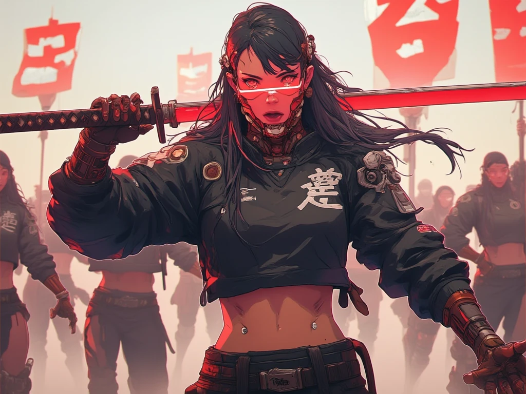 a woman with long hair and wearing digital red glasses and black croped top kimono with cyberweres and armors, she fights in 3D motion perspective view, she is in rage and anger and shouts, she is in a spatial depth of field fighting stance holding a red cyber katana in her hand, the camera angle is slightly from bellow, 