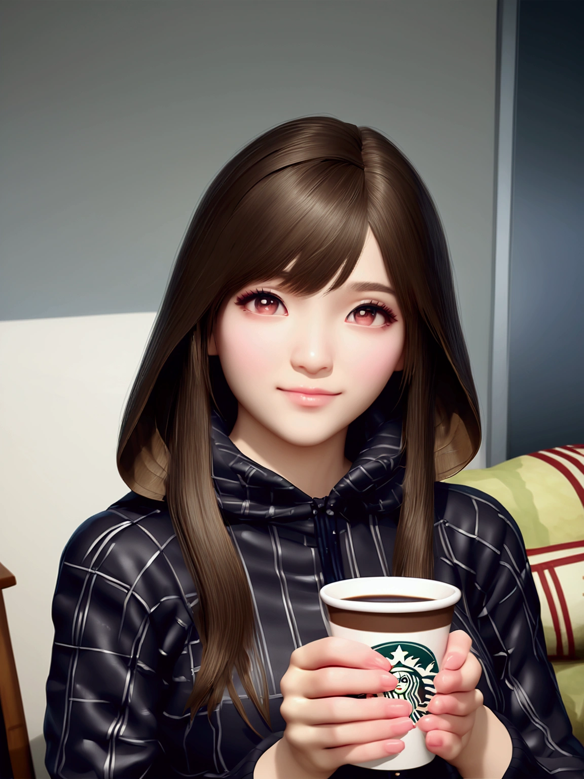 there is a woman that is holding a cup of coffee, anime girl in real life, realistic young anime girl, portrait of cute anime girl, cute natural anime face, kawaii realistic portrait, realistic anime 3 d style, cute kawaii girl, attractive anime girl, photorealistic anime, mysterious coffee shop girl, young anime girl, cute anime girl, anime girl with long hair