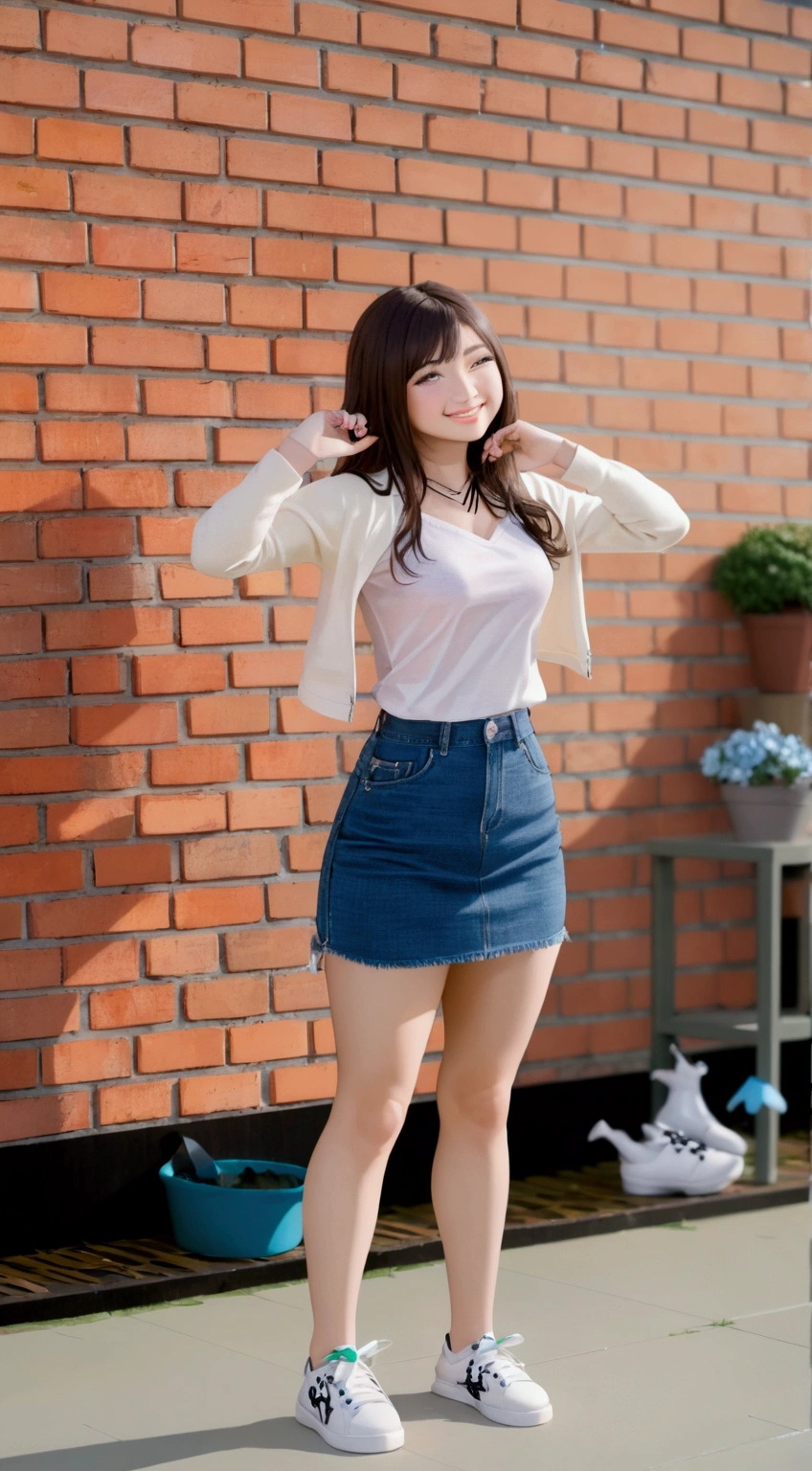 Top quality, 1 beautiful woman, long Hair, brown hair, wearing Camisole & skirt, shy-smile, Sunlight, at street, shiny hair, High Ponytail, Brown Hair, Bra Top, Denim Jacket, Skort, (Half Smile: 1.2), Full Body Shot, Arched Back, Sitting, Arms Up, Street,