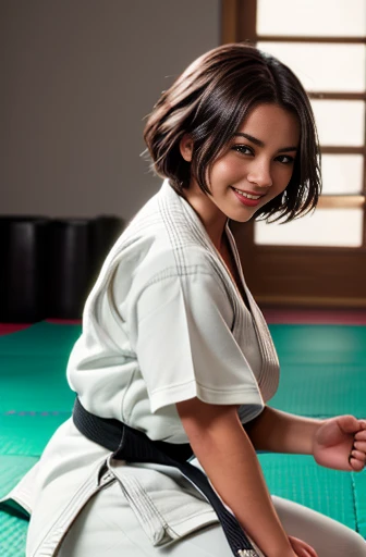 Isabela Merced, dojo mat scene, indoors, , detailed face, dark red lipstick, bob_cut hair, smiling seductively, (skin texture:1.1), (high detail face:1.1),high detail body, high detail clothes, (masterpiece), (realistic), ultra high definition, 4k, ultra high resolution, cinematic lighting,, large/ very flat sagging natural breasts, hanging low breasts, (((dark very very large areola and big nipples which can be slightly seen inside loose karate gi))), (((wearing a karate uniform gi))) karat gi that is very open chest, karate gi pants in white, no bra or panties, no underwear, dark areola can be seen next to karate uniform, ,one 20 year old female, dark tanned skin, low camera angle with knees in view, smile with teeth, eyes slightly squinting, thin thighs, skinny body, narrow ass, , (((stretching on mat revealing breasts))), no sports bra,  very very dark skin coloured areola with wide hard nipples,