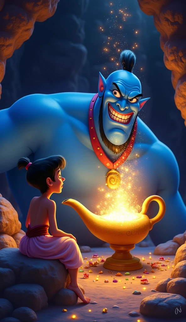 Act as a designer and create an image of Stitch Olaf and the Genie of the Lamp being together