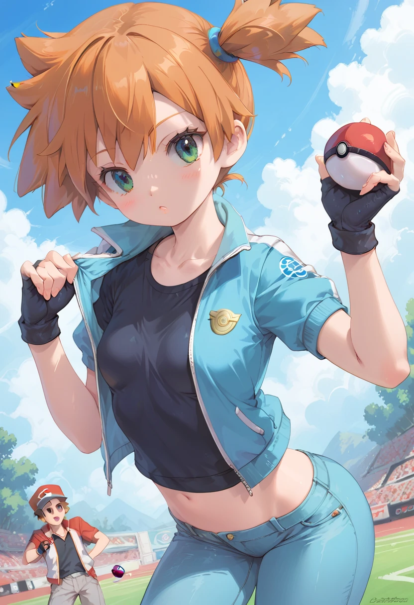 Character Misty_pokemon , Berry Short,Orange Hair, one side up hair ,Big green eyes,Small breasts ,Skinny .pokemon. blue jacket, track jacket, popped collar, black shirt, short sleeves, grey pants, jeans, denim, black gloves, fingerless gloves, PokeBall ,different expression, satoshi's outfit 