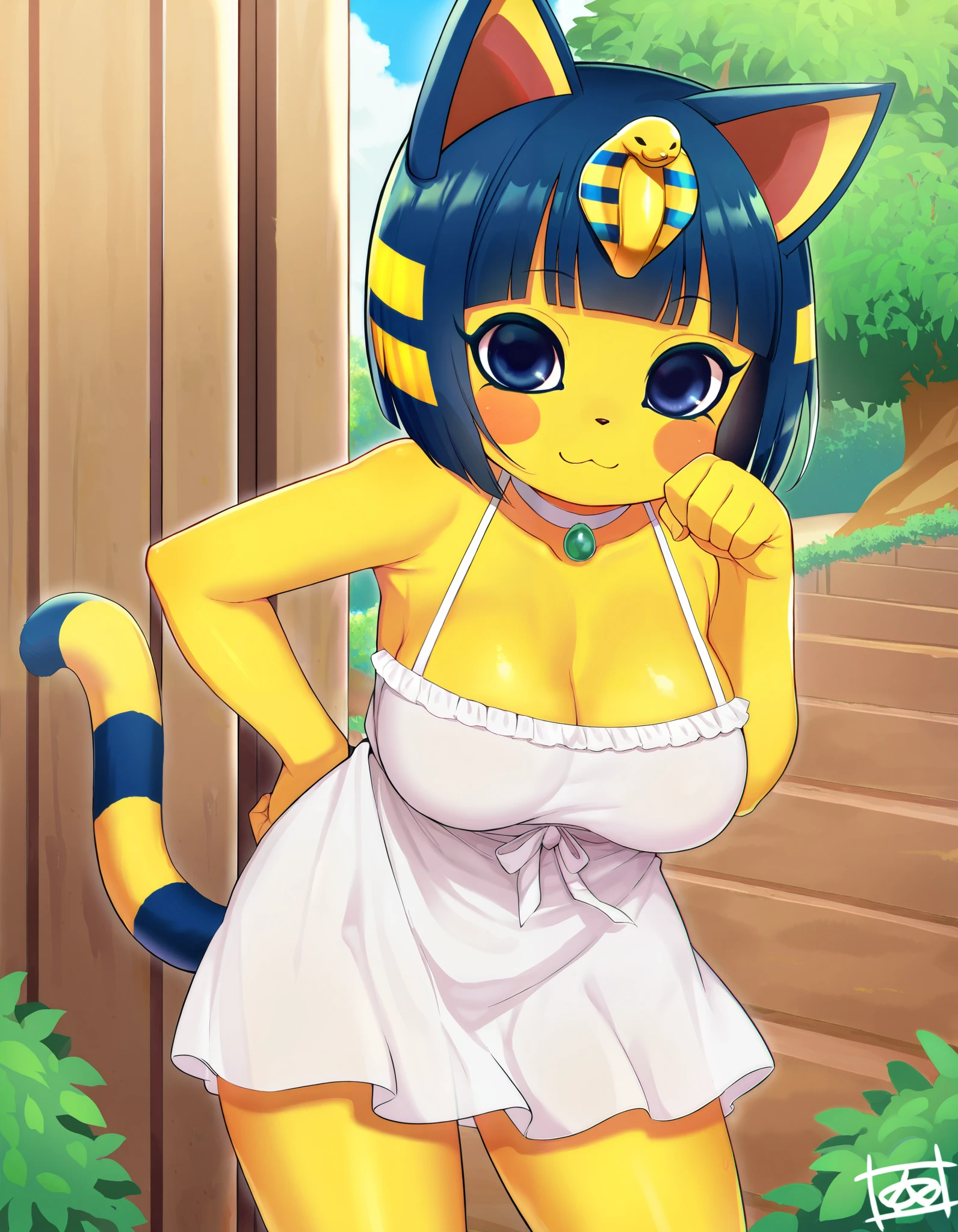 score_9, score_8_up, score_7_up, source_anime, rating_safe, best quality, masterpiece,  
BREAK
ankha (animal crossing), 1girl, ;3, animal ears, standing, looking at viewer, blue eyes, blue hair, cat ears, cat tail, closed mouth, colored skin, female focus, looking at viewer, outdoors, short hair, medium breasts, smile, solo, standing, tail, thighs, yellow skin, white dress, female focus, outdoors
