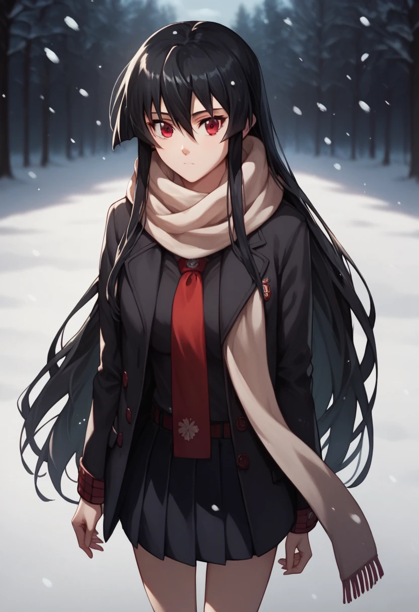 1girl, solo, wearing a winter Japanese school uniform, akame, long hair, black hair, red eyes, snow falling gently, scarf fluttering, soft focus