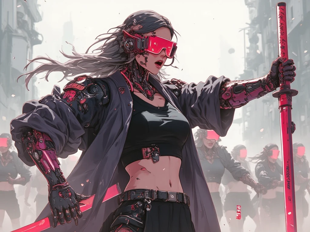 a woman with long hair and wearing digital red glasses and black croped top kimono with cyberweres and armors, she fights in 3D motion perspective view, she is in rage and anger and shouts, she is in a spatial depth of field fighting stance holding a red cyber katana in her hand, the camera angle is slightly from bellow, 