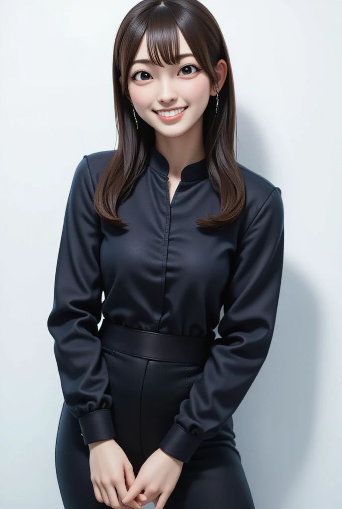 (((Black clothes))), 1girl, 25years old woman, (perfectly detailed face), cute face, ((Healthy and slim body)), beautiful face, ((looking at viewer)), Simple Background, ((white background)), ((white wallpaper)), White skin, (bright lighting:1.2), perfect lighting, photorealistic, (bokeh), UHD, anatomically correct, masterpiece, best quality
