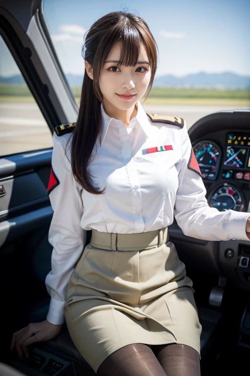 8K, RAW photos, Best quality, Masterpiece: 1.2),(best qualtiy，8K, Yes，32K，masterpiece，hyper HD：1.2) , 20 years old, arafed chinese blonde woman in a military uniform sitting in a plane, military girl, soldier girl, wojtek fus, beautiful female soldier, wearing military outfit, mechanized soldier girl, ross tran 8 k, perfect military composure, artwork in the style of guweiz, cute pilot girl, by Russell Dongjun Lu, pilot girl, soldier outfit, beautiful digital artwork, abs, pefect boobs, model body type, short hair, bangs, blonde hair