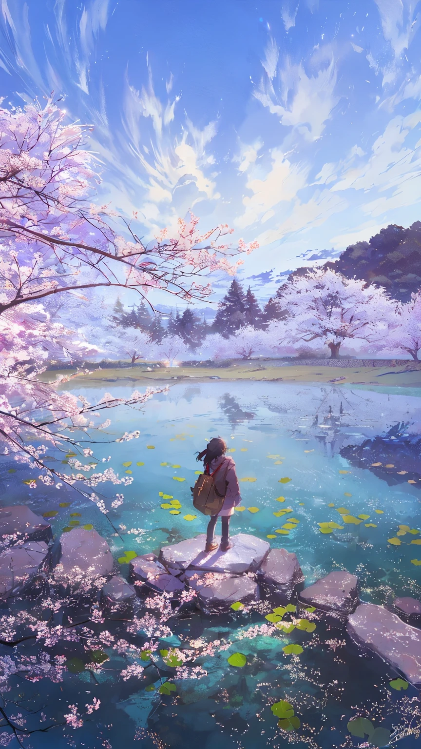  anime-style picture of a woman standing on a rock on a lake,  anime beautiful peaceful scene ,  beautiful anime scene,  beautiful anime scenery, Makoto Shinkai cyril rolando, Makoto Shinkai.   digital rendering  , in style of Makoto Shinkai, Makoto Shinkai art style, Makoto Shinkai監督作品からインスピレーション, Anime Landscape, Anime Nature,  starry sky , Night Sky,