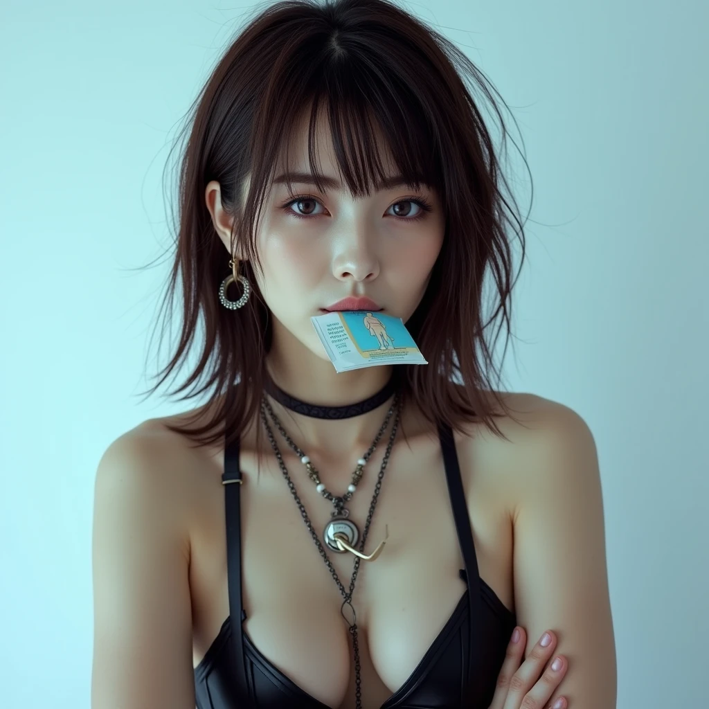   beautiful Japanese woman  , Light , length, Messy,  damp brown hair , Pose with arms crossed to highlight ,  light brown hair :1.331, Shaggy Cut Hair,  Brown Eyes , Heavy makeup,  gal makeup, Landmine Girl, Dark style, Holding a package of male contraceptives in her mouth :1.331, Black leather camisole,  earrings for a woman alone,  Necklaces ,  there is an attractive expression on her face, White background,  Cool lighting, 