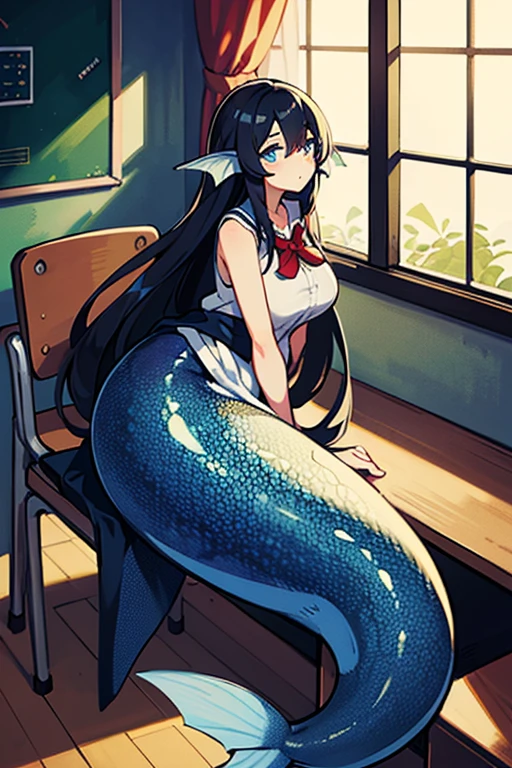 ((Highest quality、unity 8k wallpaper、32k、masterpiece、Very detailed、Ultra-high resolution、Ultra-high resolution、 Very detailedな顔, RAW Photos, Professional, Ultra-fine painting, Anatomically correct lizard man)) AndroidKotegawa Yui morphing into blue Dragon, kotegawayui, Long black hair, Yellow Eyes, ((Reptile Eyes)、mouth with sharp fangs,,、From shoulder to collarbone、It is covered with fine scales up to its neck..、(In the ass、juxtaposition, Impressive lizard tail stretching from tailbone to spine) 、Lizard legs with sharp claws、Fine blue scales that grow like thigh-length socks、Fine blue scales that grow like long gloves、Long nails)、Nipples are fully visible、((There are fine scales on the sides、It has fine blue scales growing around its waist.., Scales on the back、Scales from flank to thigh))、The boundary between the scales and the skin is unclear、