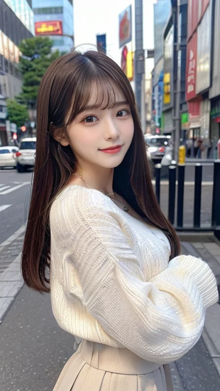 (masterpiece:1.3),(High resolution, Highest quality,Ultra high definition), 8k,One woman, Very beautiful face,Very delicate and beautiful,Beautiful attention to detail,Highly detailed face,double eyelid,Chest-length hair,Extremely detailed and realistic skin,Sharp focus,Black Hair, Random Hairstyles,smile,cardigan,Fluttering Skirt,((outside,In town)),From the waist up
