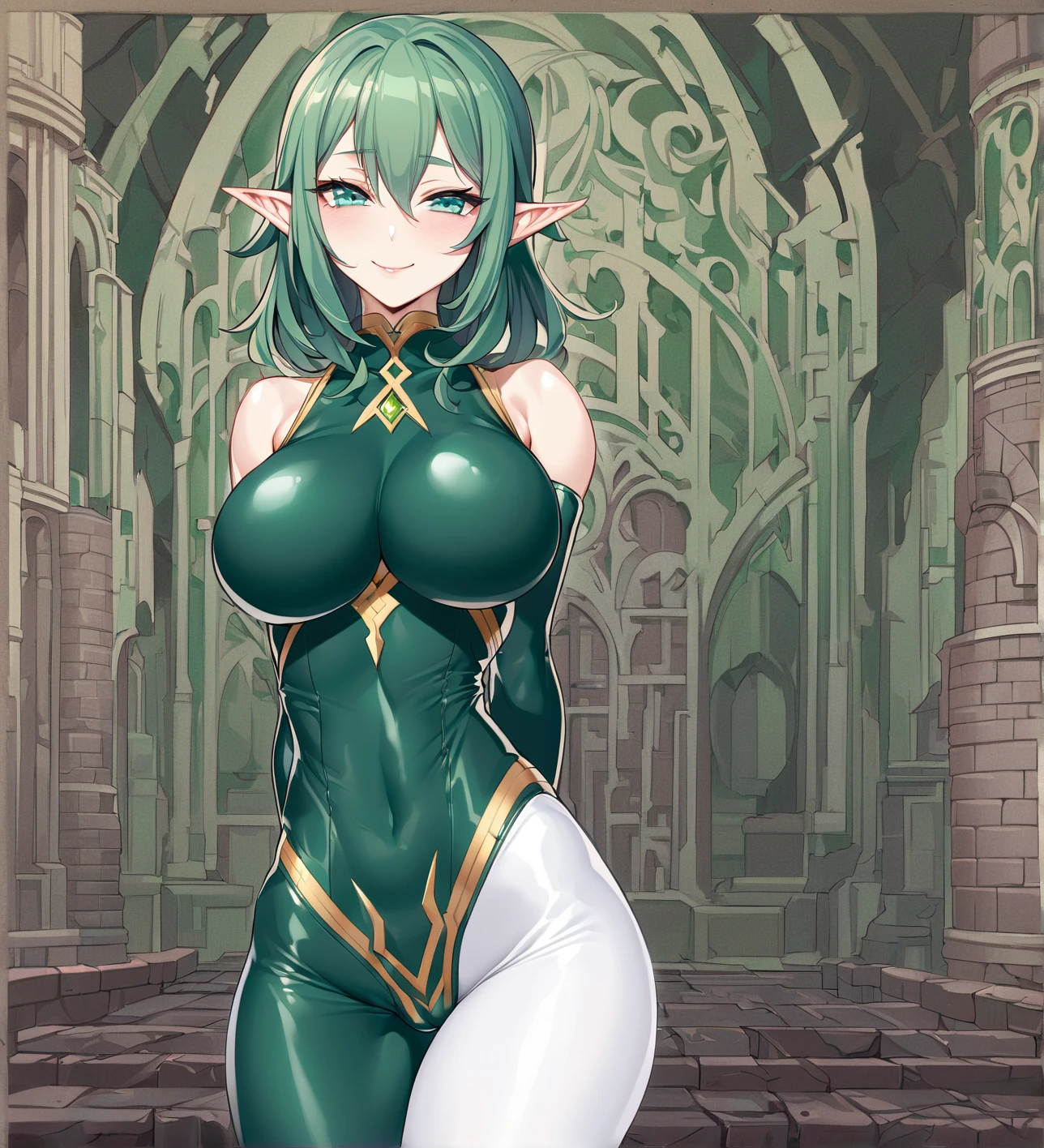 (brick tile yard next to a fantasy college background:1.1), Elf Woman, standing, Emerald colored eyes, Hot, tall, attractive body, 8k, sexy body, seductive smile, arms behind back, even waist, long shiny dark green hair, very large breasts, thick thighs, one person, (skin tight dark emerald green colored sleeveless body suit), (4 golden arc design on sides of waist leading to pelvis on bodysuit), (white leggings), small Dimond shaped green gem imbeded in neck of bodysuit, camel toe pussy outline on bodysuit, frontal view, 8k, pastel art style, one person, semi realistic 