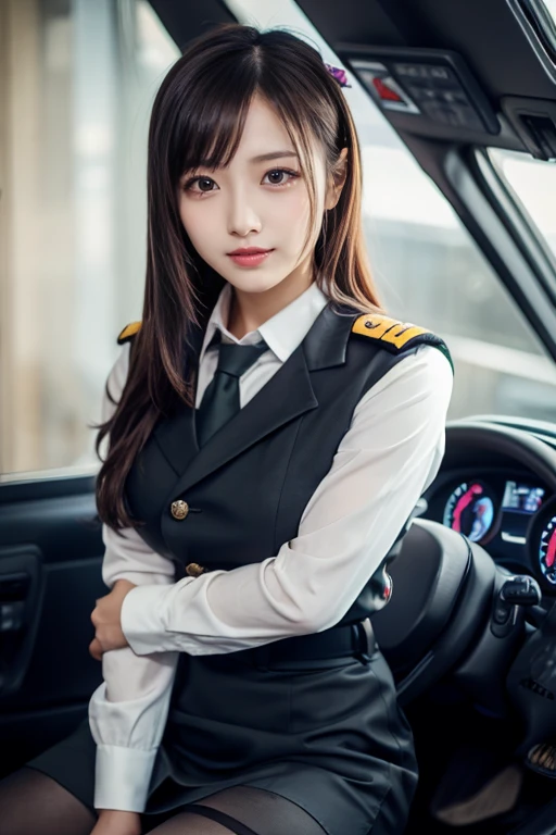 Female pilots,Blue and white uniform,Capable,heroic look,cabelos preto e longos