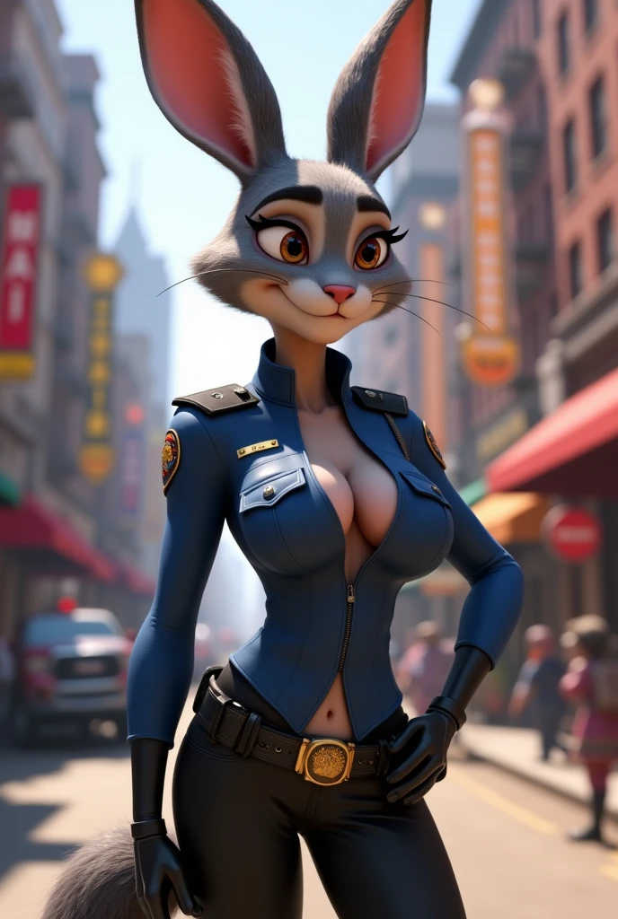 uploaded on e621, nsfw, raw photo, anthro, detailed face, detailed fur, snout, judy hopps, (black ((halfway zipped)) jumpsuit), holster, belt, night rooftop background, shadows, dark, tight bodysuit, tatical gear, ((looking away)), (serious face), big breasts, black gloves, knee high boots, thick, hide hips, thick thighs, (cleavage), nipple outline, close up, bust shot, low angle