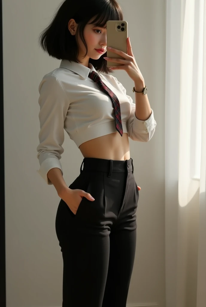 3D Render, 3D Model, of a beautiful skinny girl, butt mirror selfie, short hair, wearing a white shirt, with black pants, shirt collar, with plaid tie, with socks, window light with deep shadows, background, wide hips and small waist, flux, round ass, stylized body, giant ass