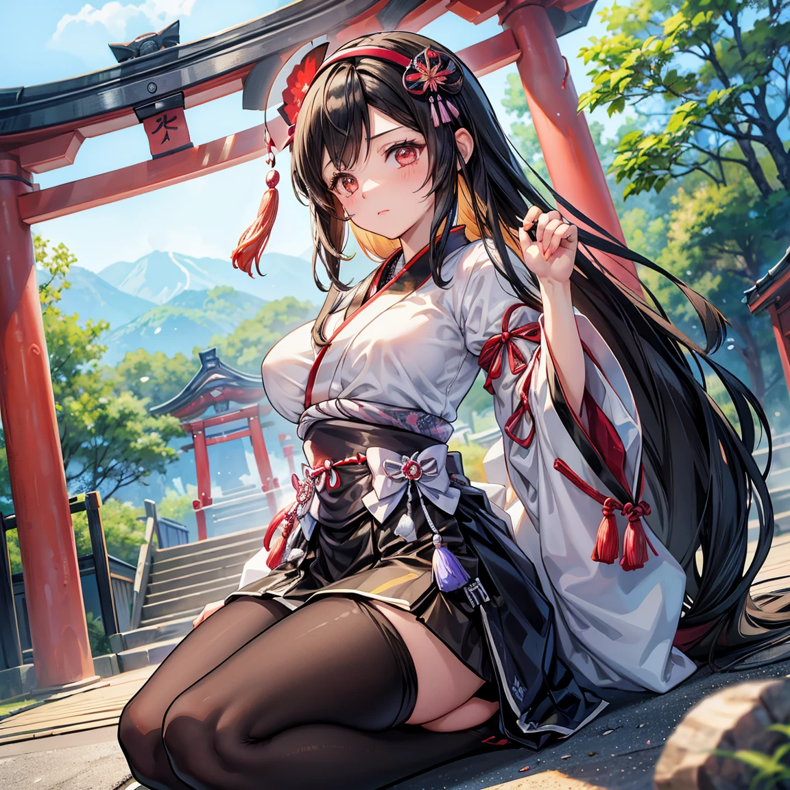 ((masterpiece)),(best quality:1.3),highres,extremely detailed 8k wallpaper,very clear,dynamic angle,floating,frills,painting,depth of field,Depth of field,nature,beautiful detailed girl,extremely detailed eyes and face,beautiful detailed eyes,detailed light,cinematic lighting,lens flare,light leaks,sunlight,shine,beautiful detailed glow,Amazing,2d,anime,1girl, (from behind:1.2), ookami mio, solo, tail, animal ears, virtual youtuber, wolf ears, wolf tail, thighhighs, wolf girl, long hair, looking back, black hair, detached sleeves, multicolored hair, streaked hair, looking at viewer, red hair, torii, animal ear fluff, black thighhighs, outdoors, yellow eyes, japanese clothes, stairs, hair ornament, from behind, kimono, tree, (tail wrap:1.1), bangs, hairclip, hair between eyes, standing, (tail around leg:1.2), black sleeves, very long hair, obi, closed mouth, long sleeves, wide sleeves, smile, sleeveless, day, side slit,(full body:1.3),perfect female body,perfect hands, five fingers