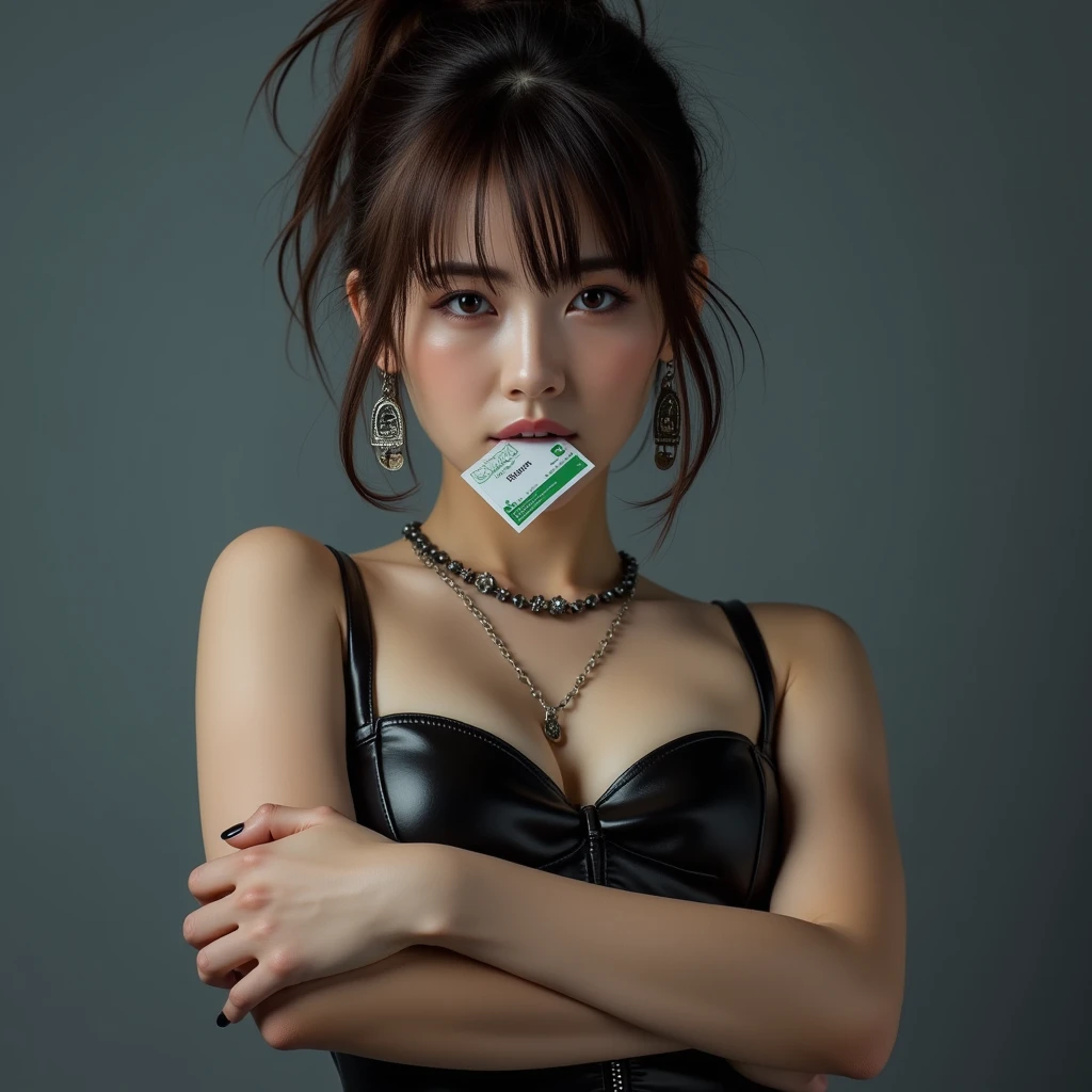   beautiful Japanese woman  , Light , length, Messy,  damp brown hair , Pose with arms crossed to highlight ,  light brown hair :1.331,  chignon hair,  Brown Eyes , Heavy makeup,  gal makeup, Landmine Girl, Dark style, Holding a package of male contraceptives in her mouth :1.331, Black leather camisole,  earrings for a woman alone,  Necklaces ,  has a charming expression on her face,  gray background ,  Cool lighting, 