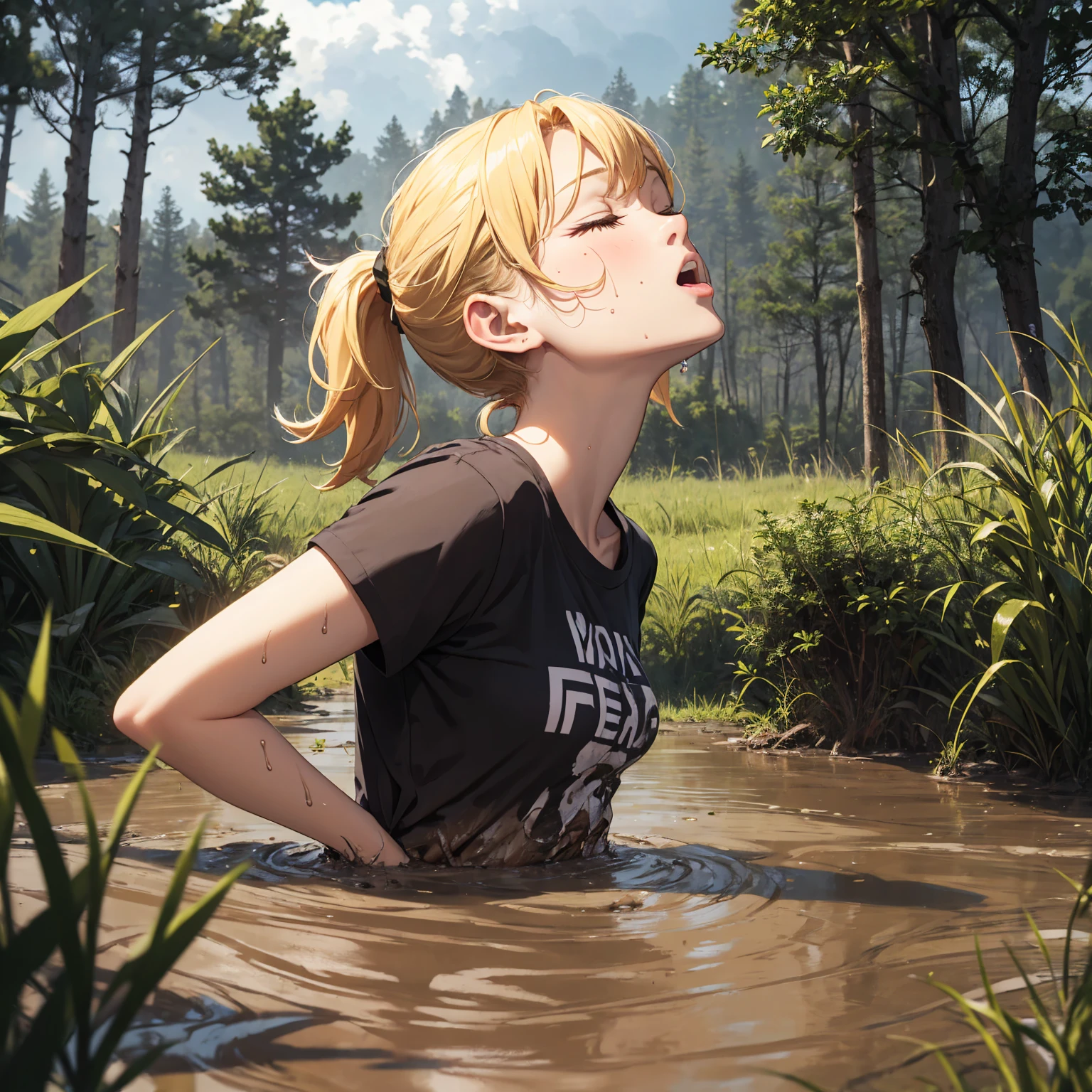 drowned in mud, bog, grass, trees, muck, orgasm, looking up, eyes closed, mouth open, stormy weather, Solo, From Side, wearing tank top, blonde hair in ponytail