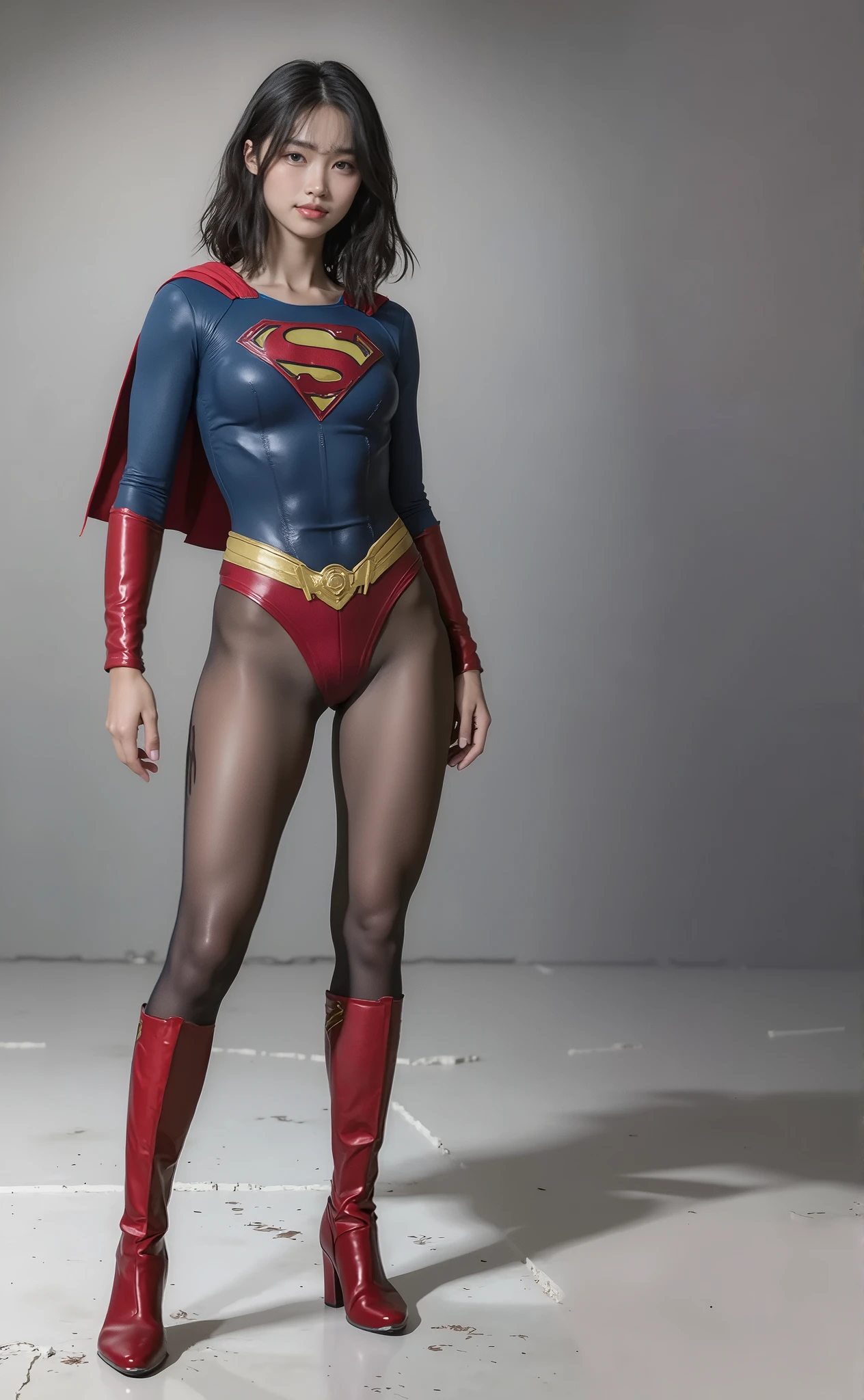 No background、(((Beautiful legs in black tights.)))、(((Legally express the beauty of your smile)))、((((Make the most of your original images)))、(((Body-hugging Supergirl costume)))、(((Supergirl Costume)))、(((Beautiful short hair)))、(((She is winking cutely.)))、(((Please wear black tights....、Wear red boots)))、((Best image quality、8k))、((highest quality、8k、masterpiece:1.3))、(((Preserve background )))、Sharp focus:1.2、Beautiful woman with perfect figure:1.4、Slim Abs:1.2、Wet body:1.5、Highly detailed face and skin texture、8k